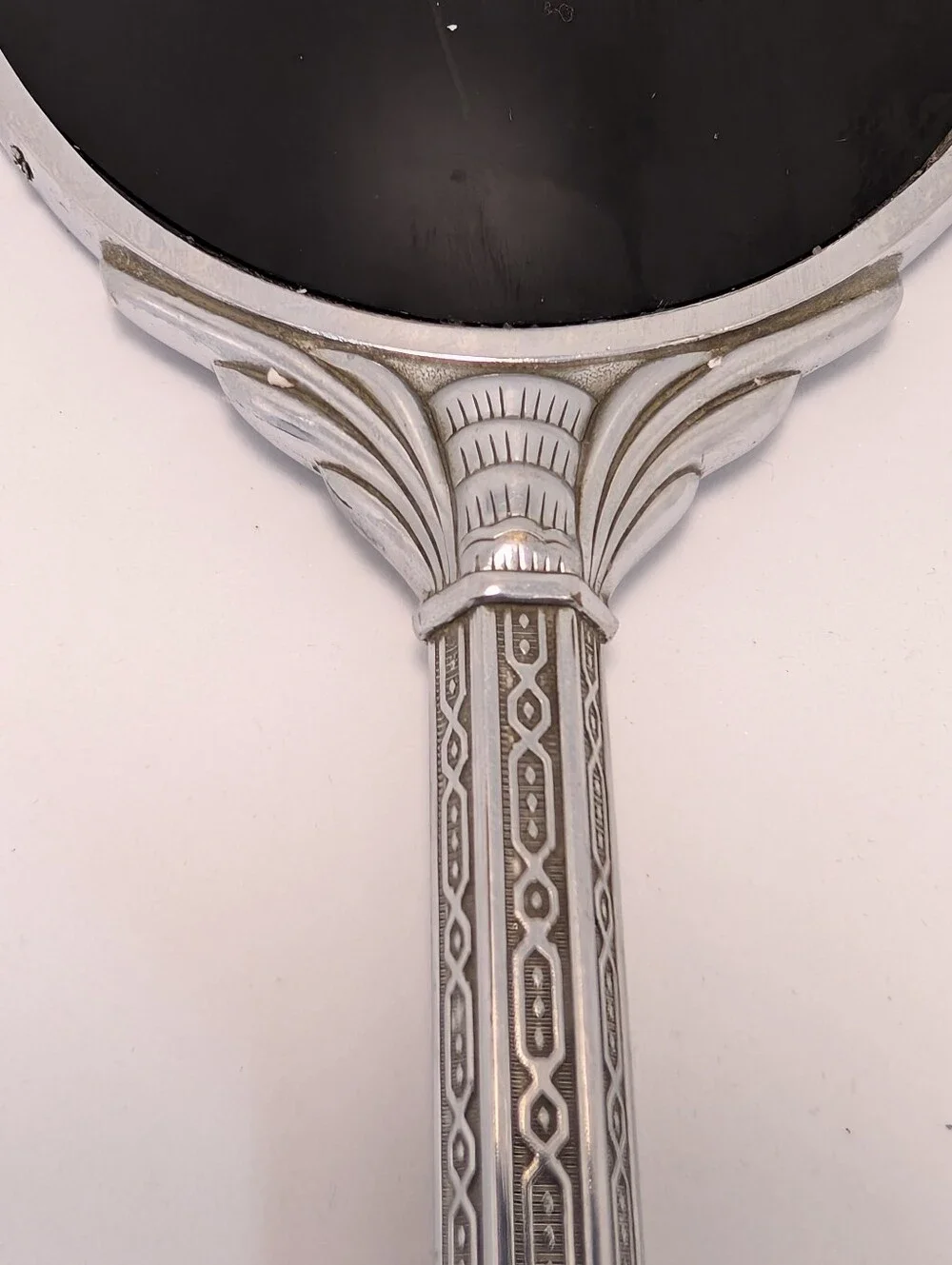 Vintage Handheld Mirror with Art Deco Ornate Handle Silver Tone